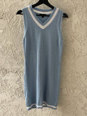 Tenniscore V-Neck Knit Mini Dress Preppy Old Money Light Blue L